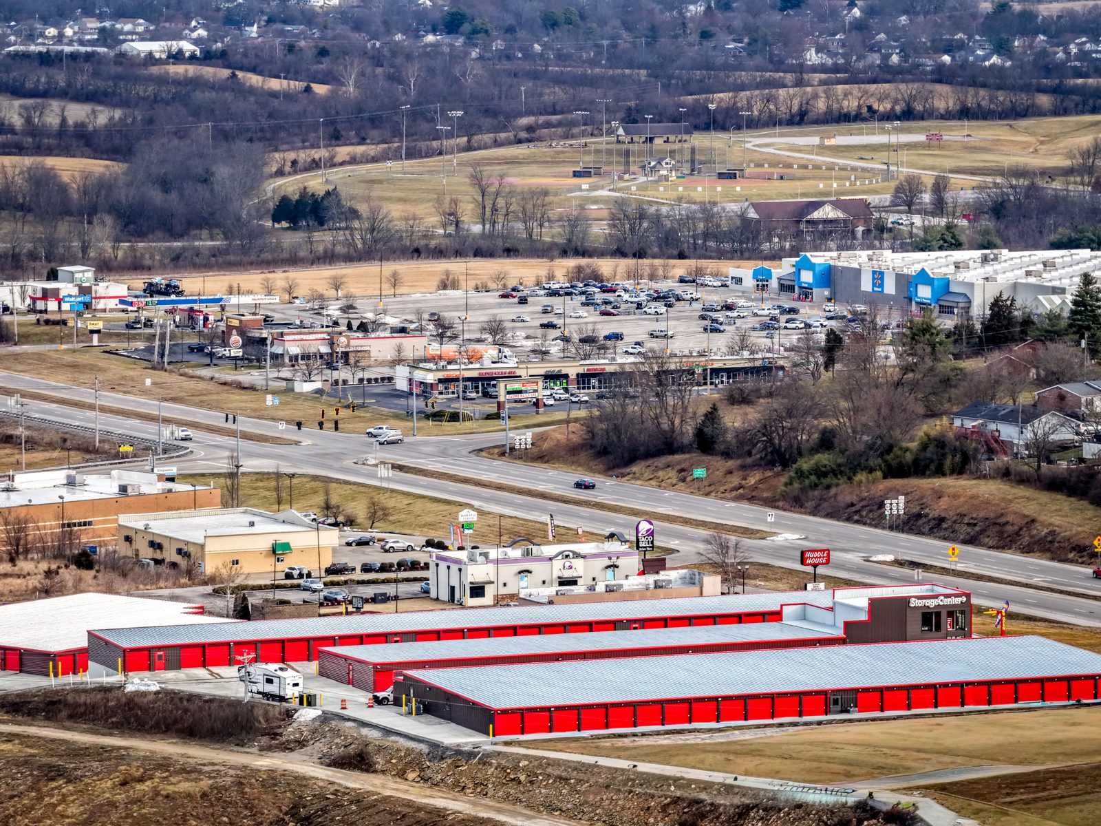 Aerial view of Storage Center Plus on the US 127 Bypass in Lawrenceburg KY, serving McAfee, KY